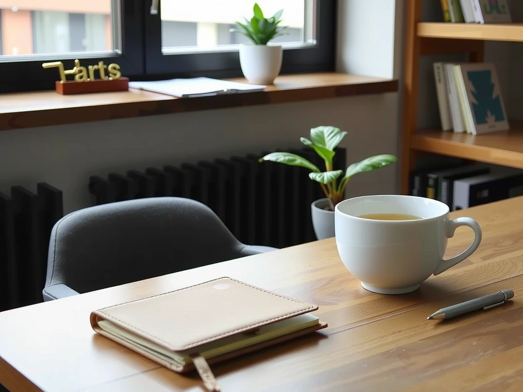 Einladend gestalteter Beratungsraum mit Schreibtisch und Teetasse